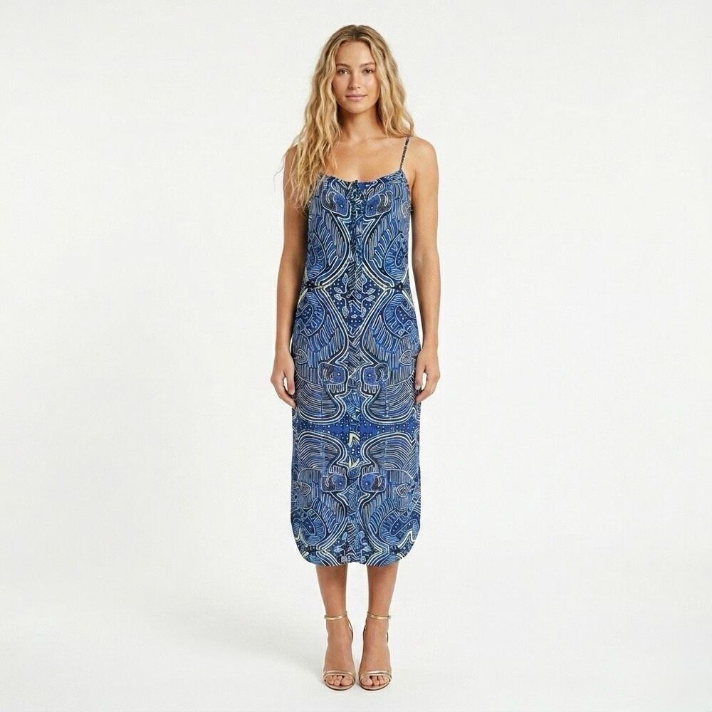 Mara Hoffman Blue Abstract Tribal Print Midi Slip Dress Boho Resort Medium